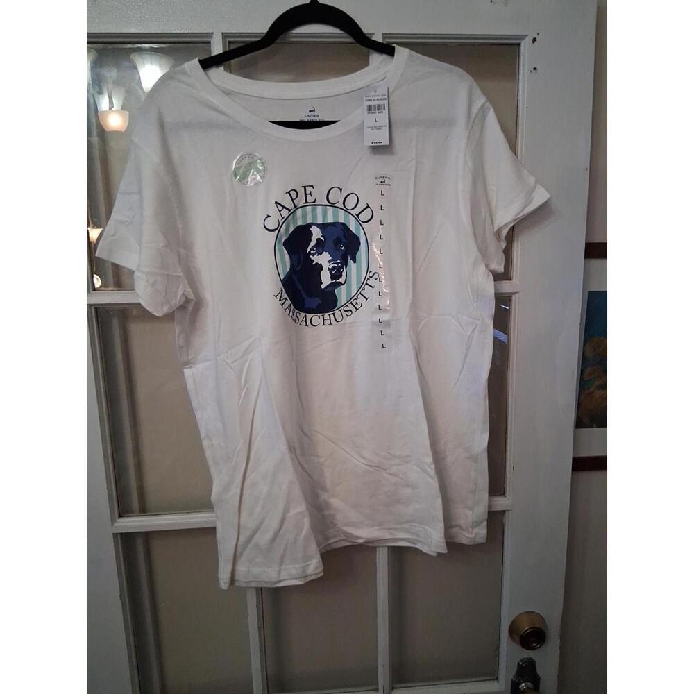 Cuffy's Cape Cod MA Graphic Tee Black Dog White Womans Large Relaxed Fit NWT